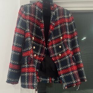 Red and Blue Plaid Blazer with Gold Buttons